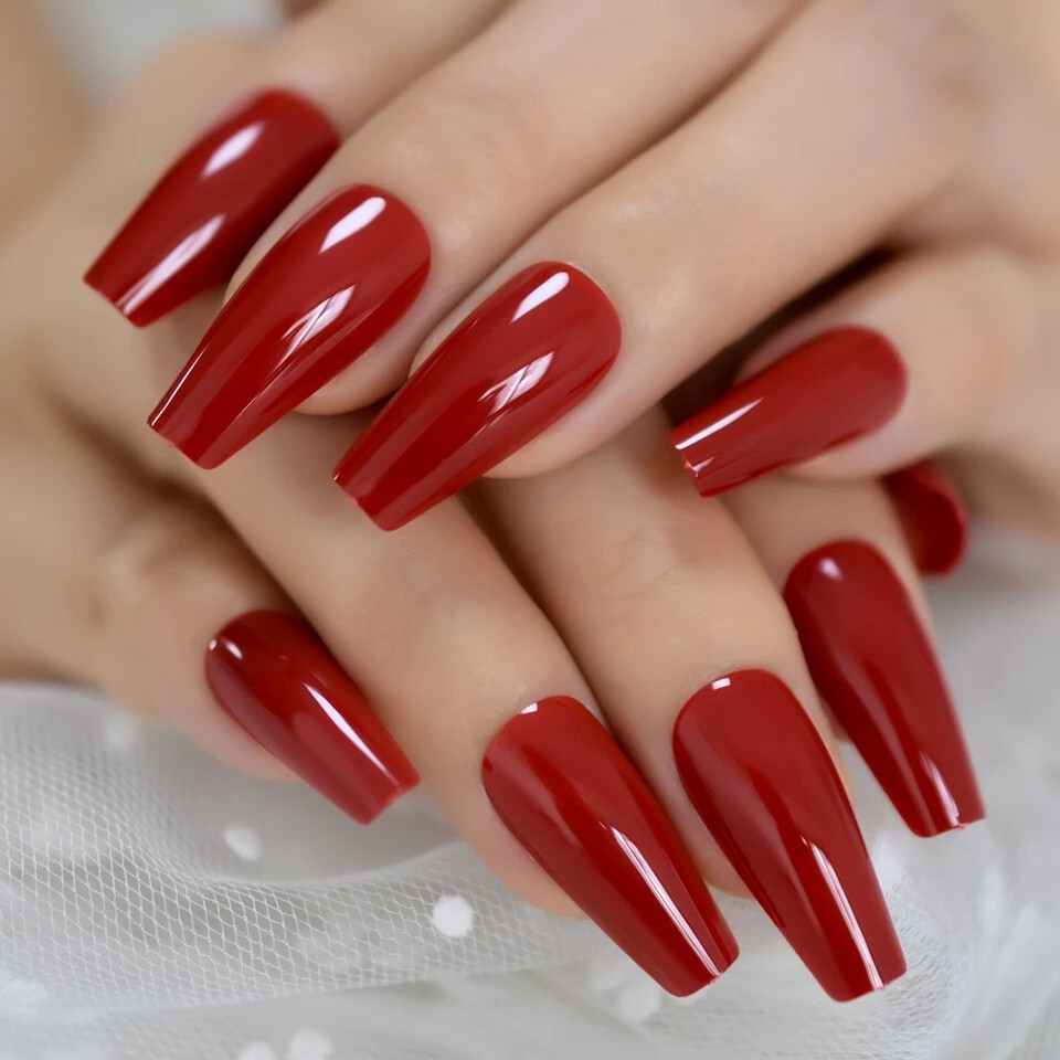 24 Press on nails kit w glue Long Coffin cherry red true