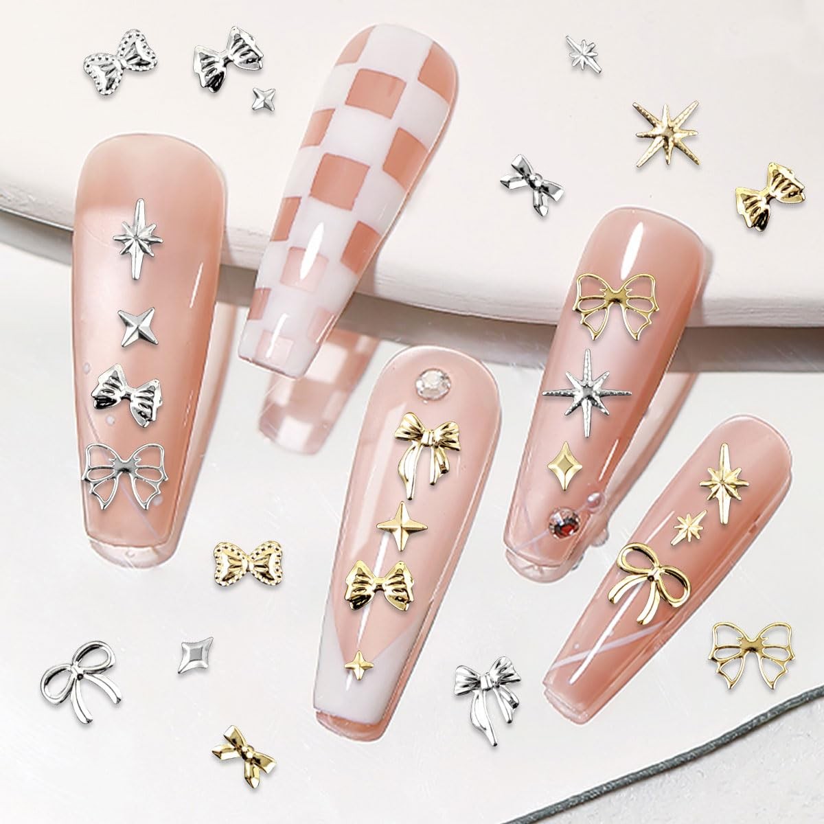 Gold Silver 3D Nail Charms 2Boxes 24Grids Bow Star Nail Gems Nail Studs Punk