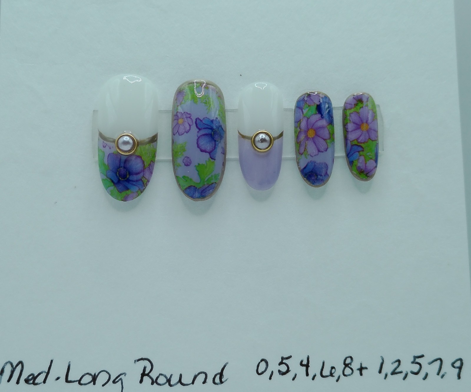 Medium-Long Round Floral Press-On Nails, Medium Sizes Purple/Pink