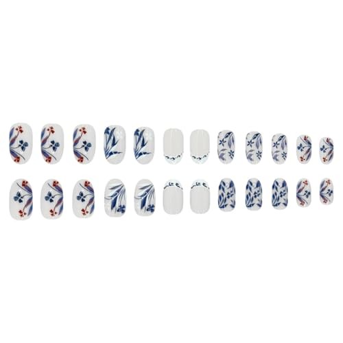 Oval Press on Nails – Blue Porcelain Flower & White French Tip – R-48