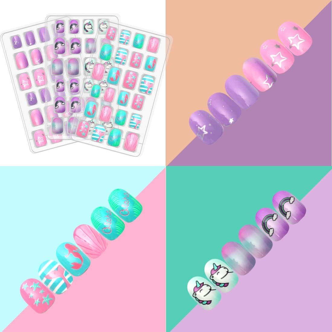 120pcs 5 pack Children Nails Press on Pre-glue Full Cover Glitter Gradient Co…