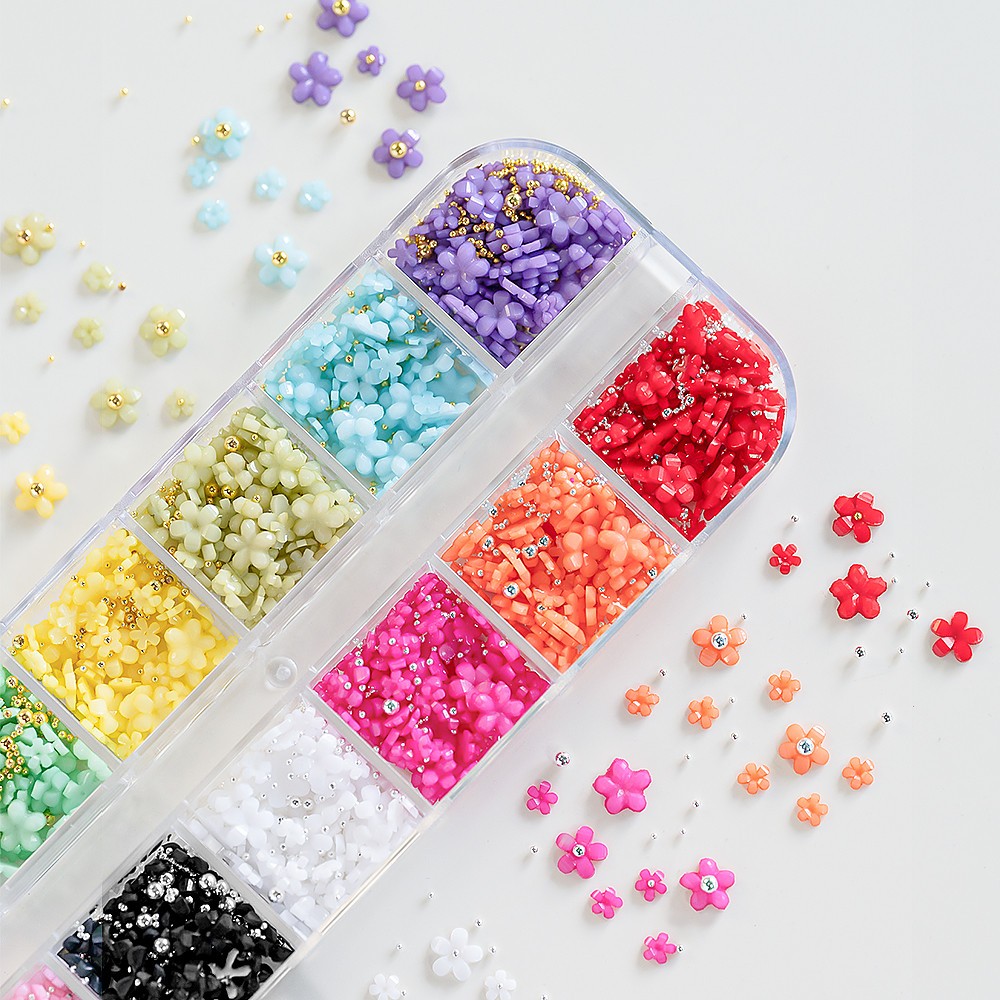 12/15Grids Acrylic Flower Nail Charms Mix Colors Set 3D Flower Nail Art Rhinesto