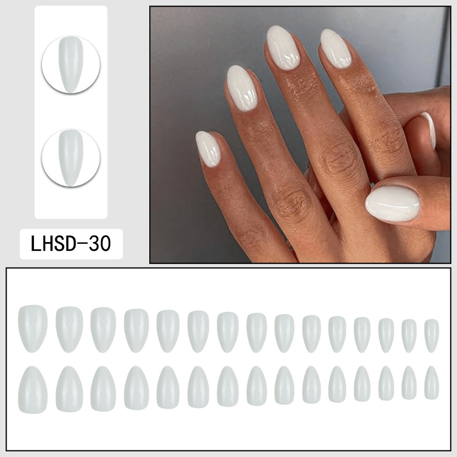 60pcs Almond Press on Nails, Solid Cream White Glossy Round Minimal Nails