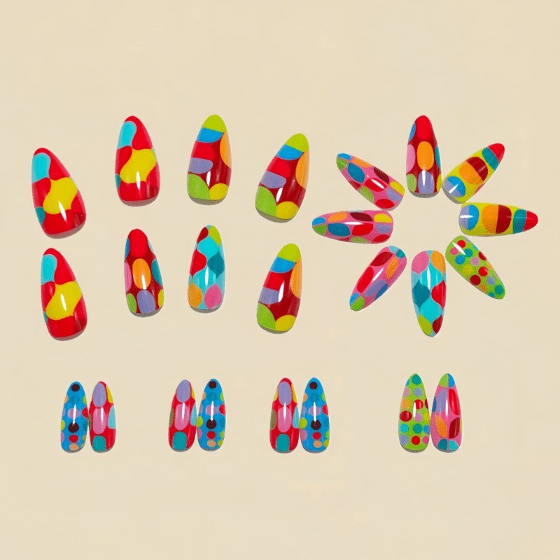 48 Pieces of Color Blocked Polka Dot Art Fake Nails – Removable Fake Nail Art
