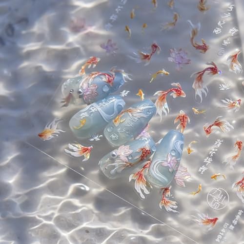 Nail Art Stickers Sparkly Koi Nail Stickers 5D Embossed Shell Light Goldfish