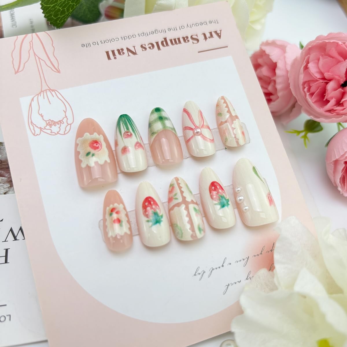 30Pcs Spring Press on Nails Medium Almond Fake Nails with Cute Flower Strawbe…
