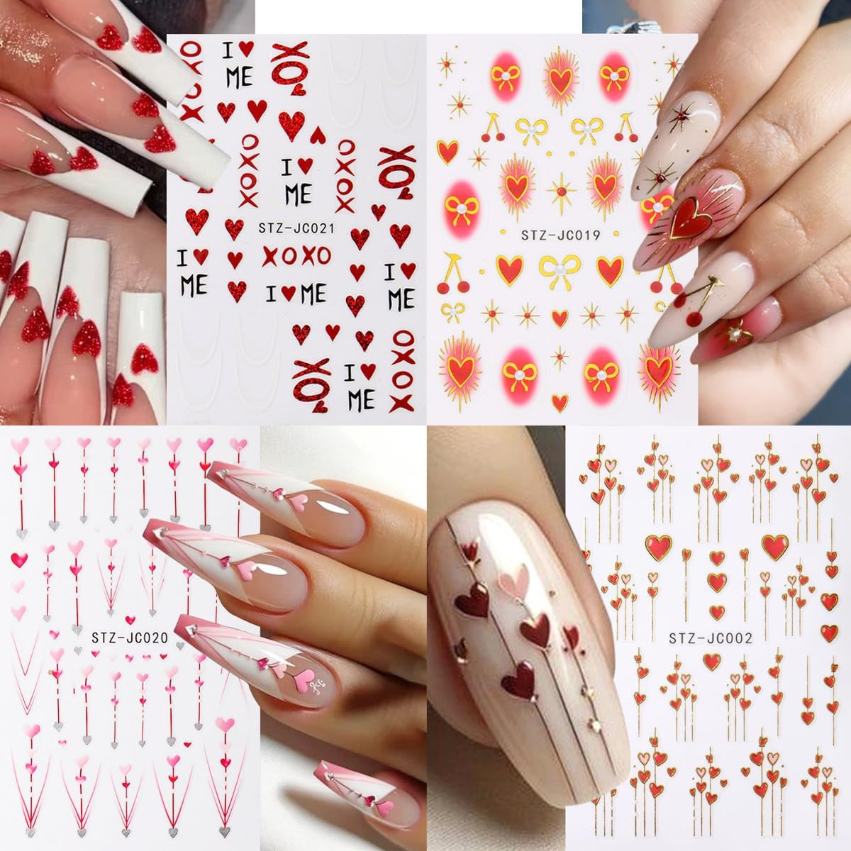 8 Sheets 3D Red Pink Hearts Nail Art Stickers Decals Valentine Style 01