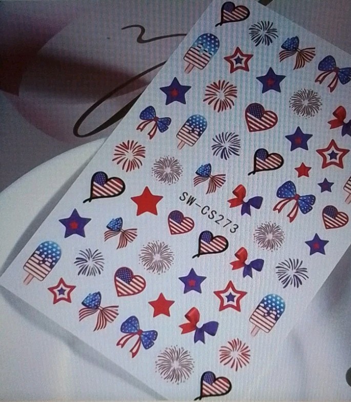 Patriotic Nail Art Decals Set Of 55, Fireworks,Flags, Colorful- w/ Instructions