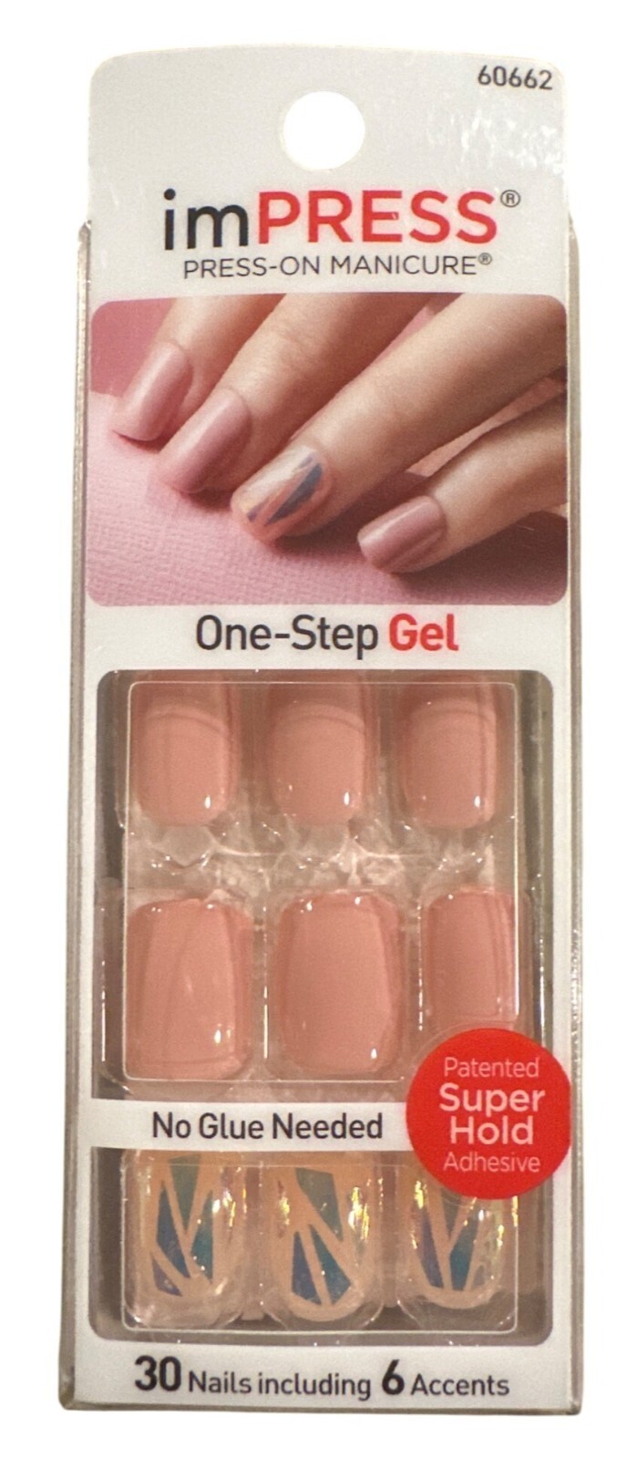 Kiss imPRESS 30 Nail SHIMMER Short Square Shiny Peach+Cherry Broken Glass Design