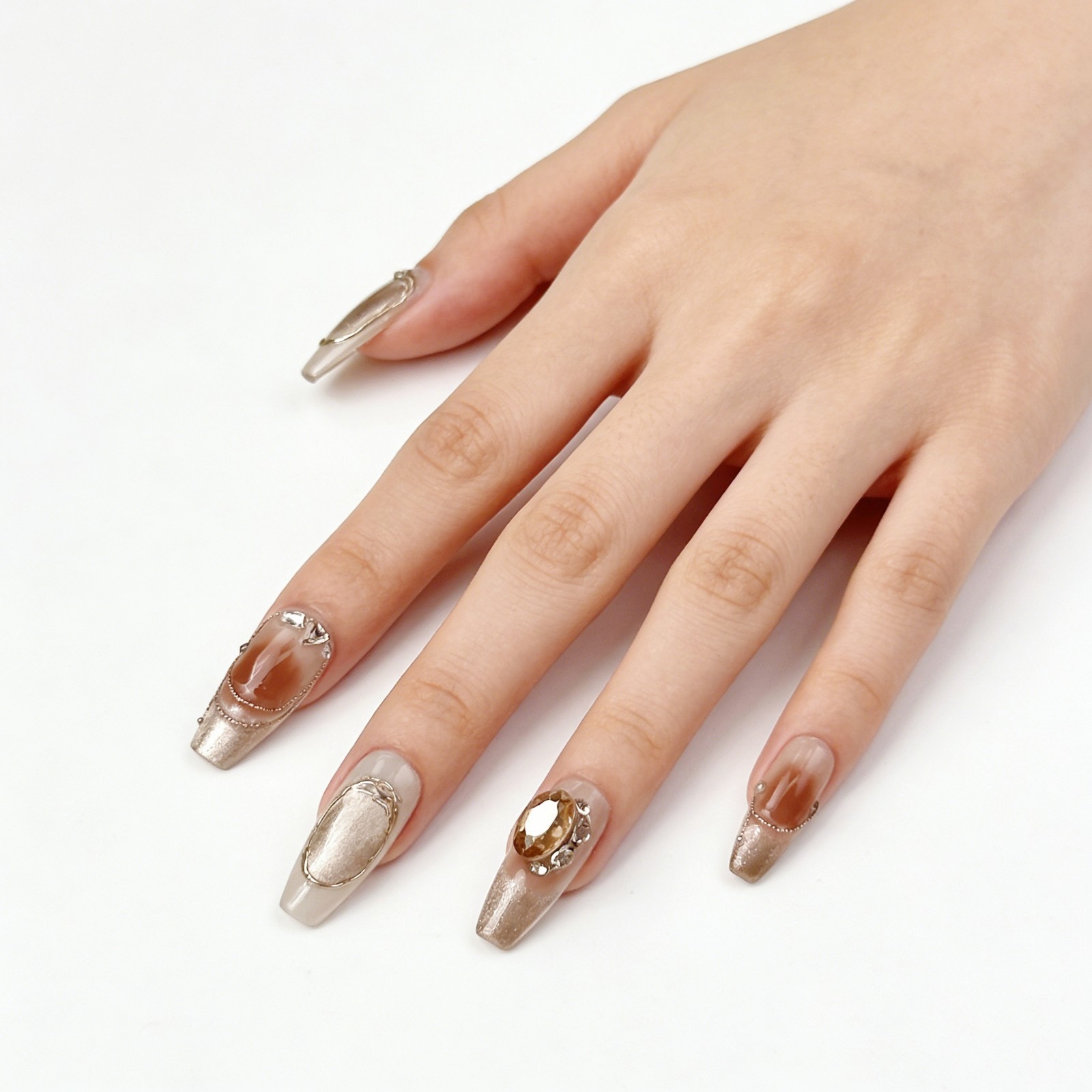 Marble Brown Cat Eye Amber Press On Nails, 3D Gold Luxury Handmade Nail Set