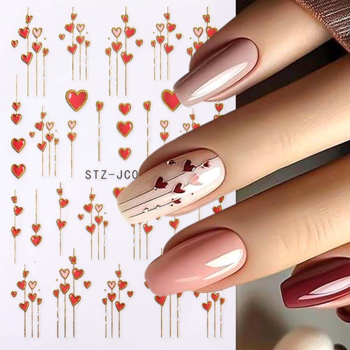 8 Sheets 3D Red Pink Hearts Nail Art Stickers Decals Valentine Style 01