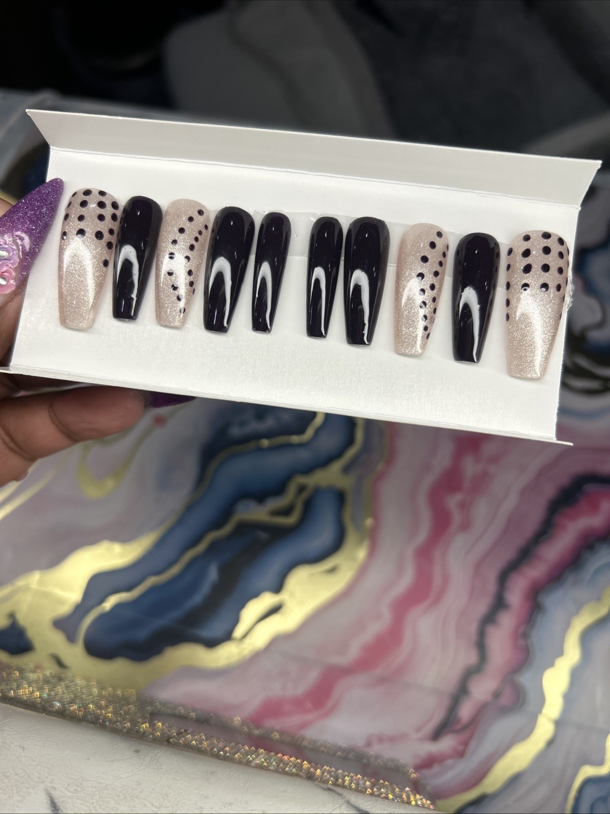 Handmade Press On Nails, Chocolate And Champagne With Polkadots Size Medium