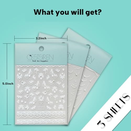 White Lace French Line Nail Art Stickers Pearl Rhinestones White Beige