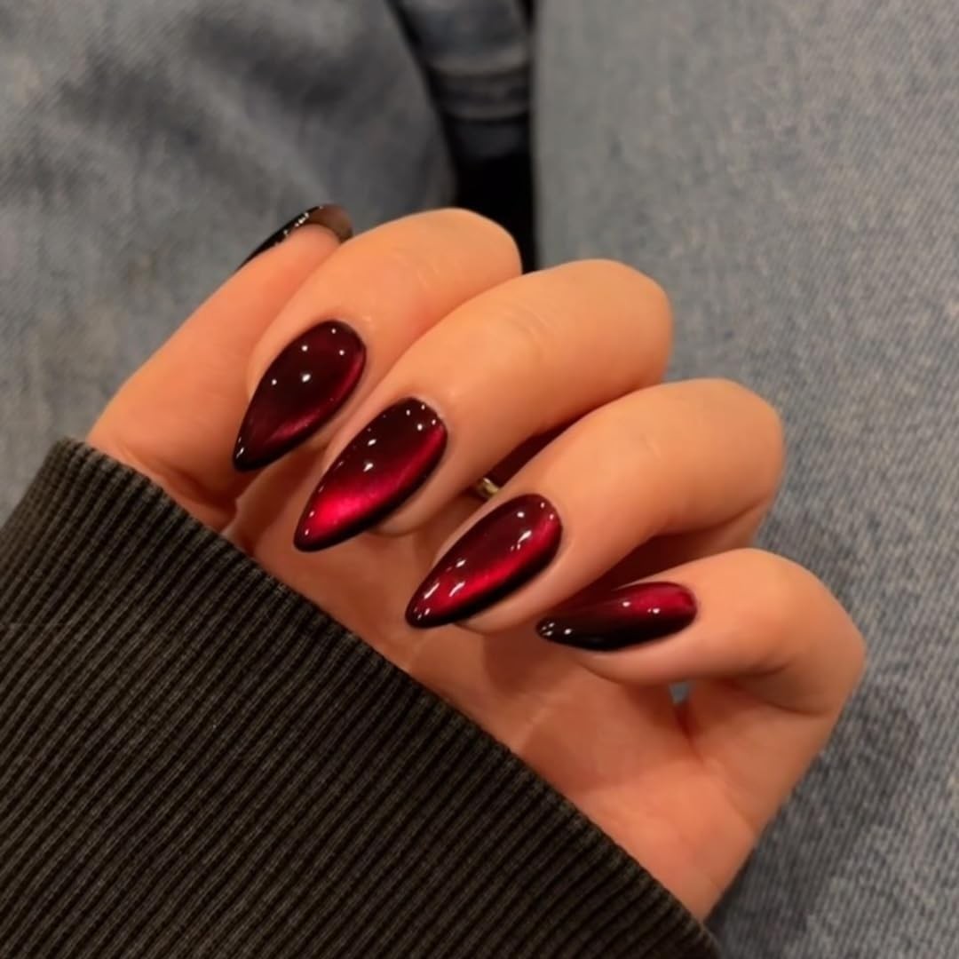 KQueenest Dark Red Press on Nails Cat Eye, Burgundy Glitter Press on Nails Al…