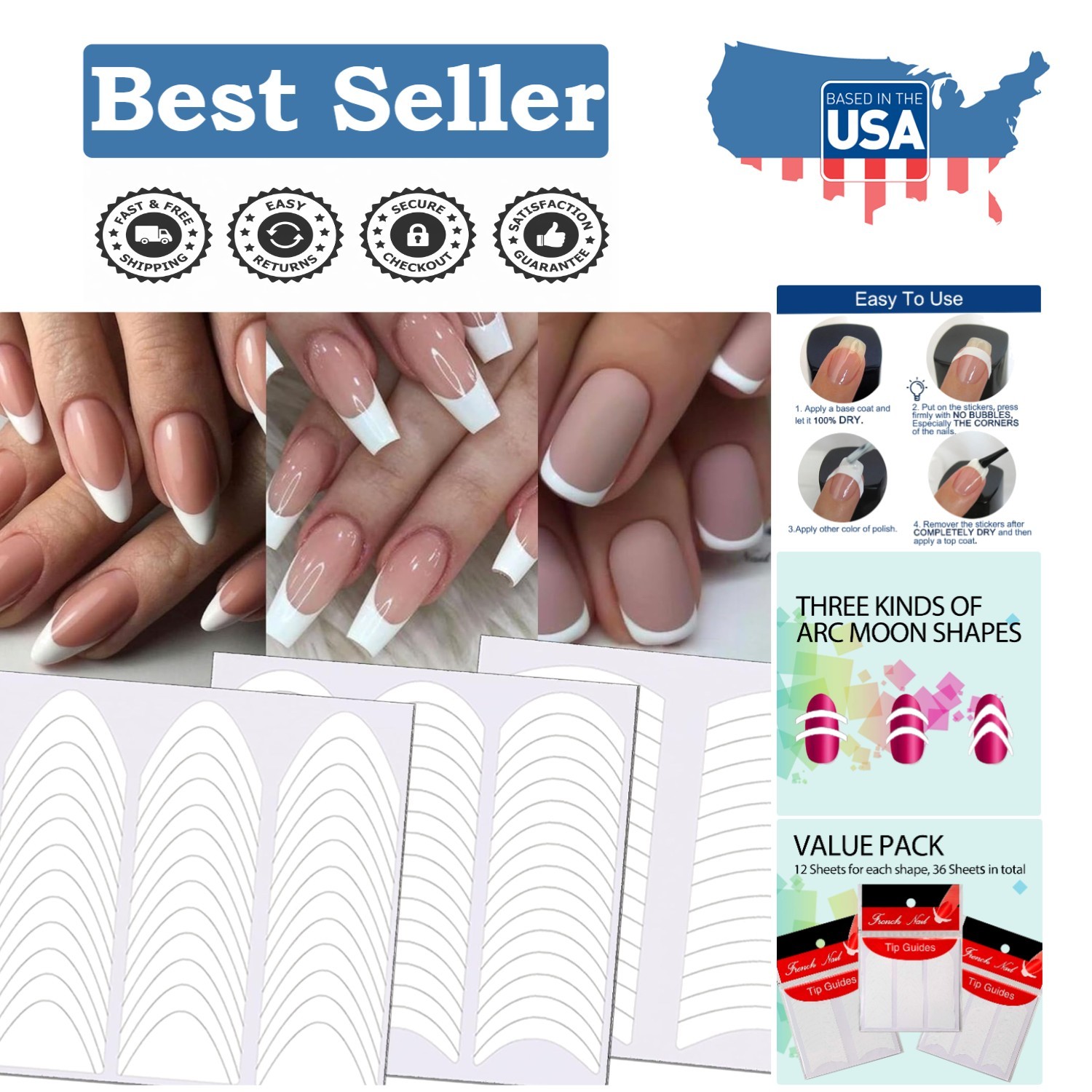 Versatile French Manicure Nail Stickers – 36 Sheets, 3 Designs for Perfect Nails