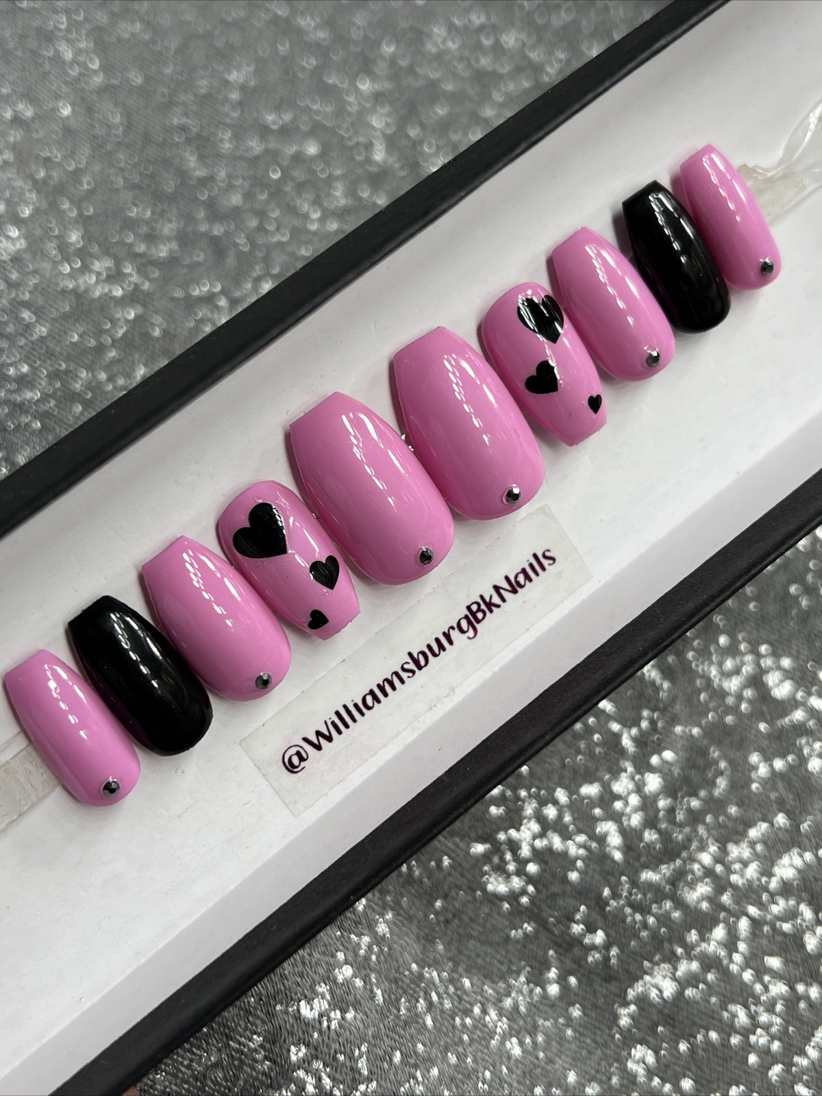 🖤 CUSTOM Gel Press On Nails, HOT PINK W BLING ,Coffin Short ,10p Set W/ kit NEW