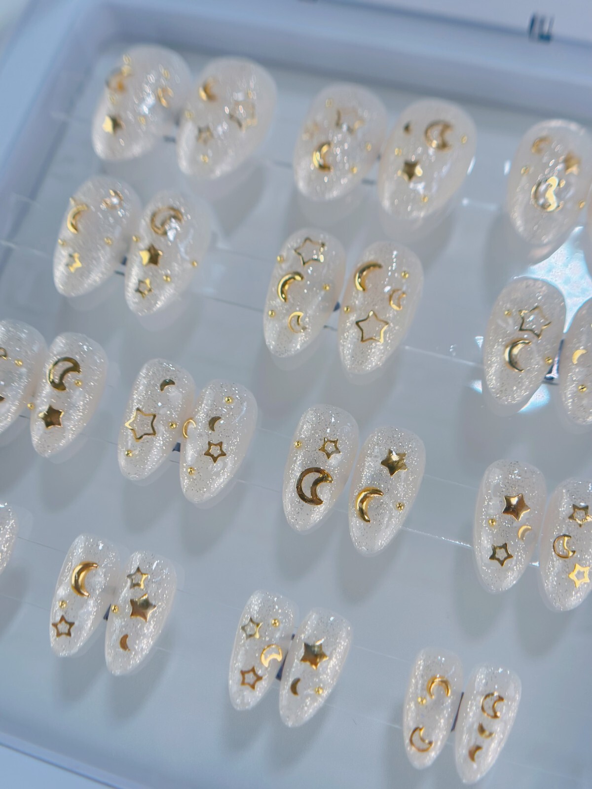 Handmade Press on Nails “Gold Galaxy” Almond Short 28 Nails All Sizes w Glue