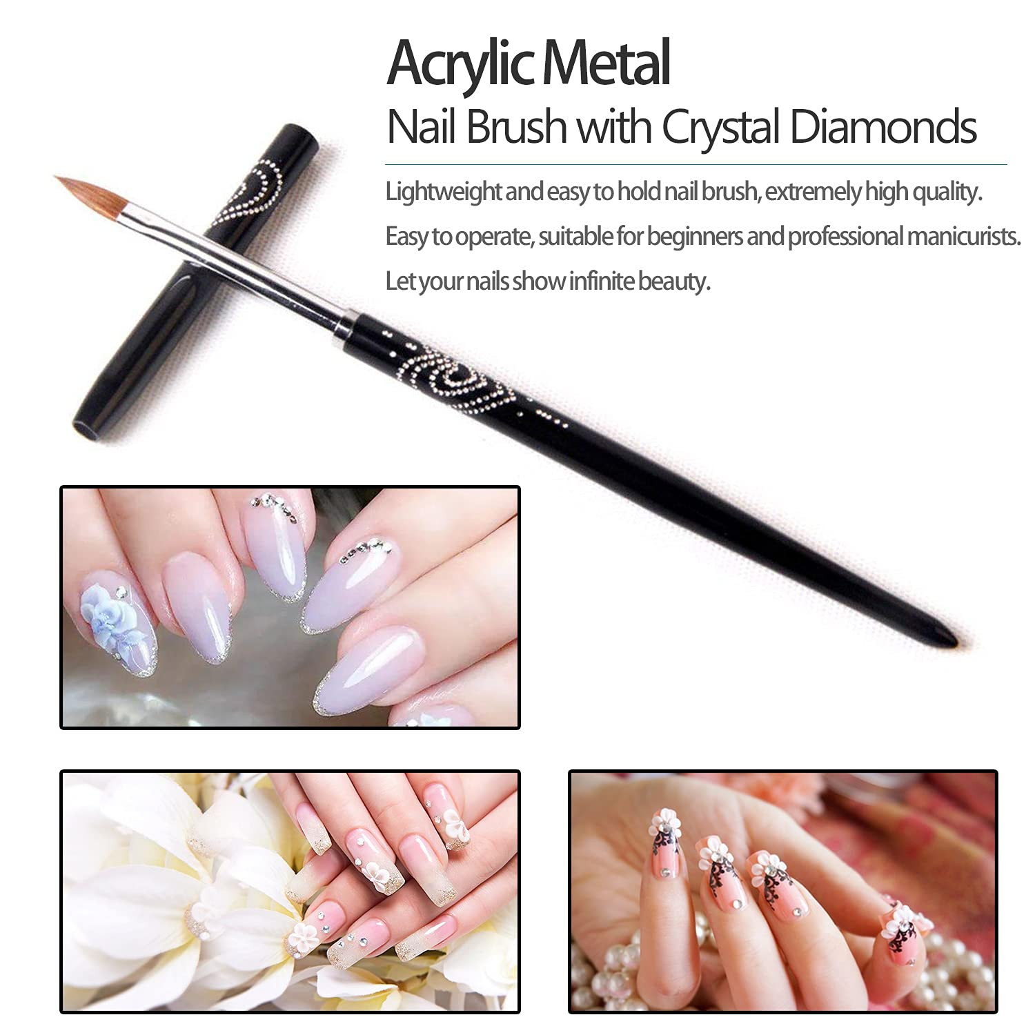 Kolinsky Acrylic Nail Art Brush #4, Wooden Handle,Pro 3D Nail Brush w/Rhinestone