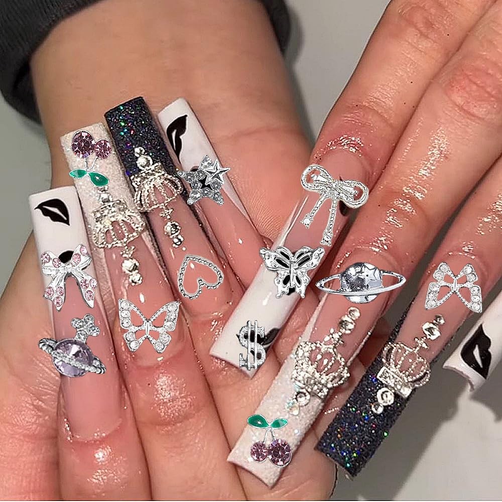 120 Pcs Silver Gold Nail Charms 3D Butterfly Cherry Star Bow Cross Planet Crown