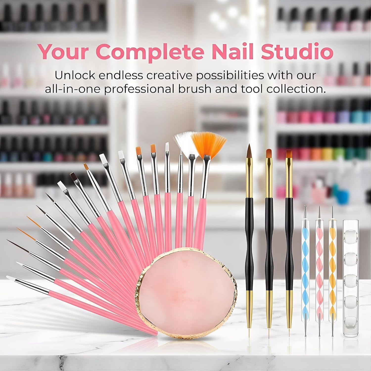 25Pcs Nail Art Tools Set,Nail Art Brushes,Resin Palette and Stand | 2-Way Acryli
