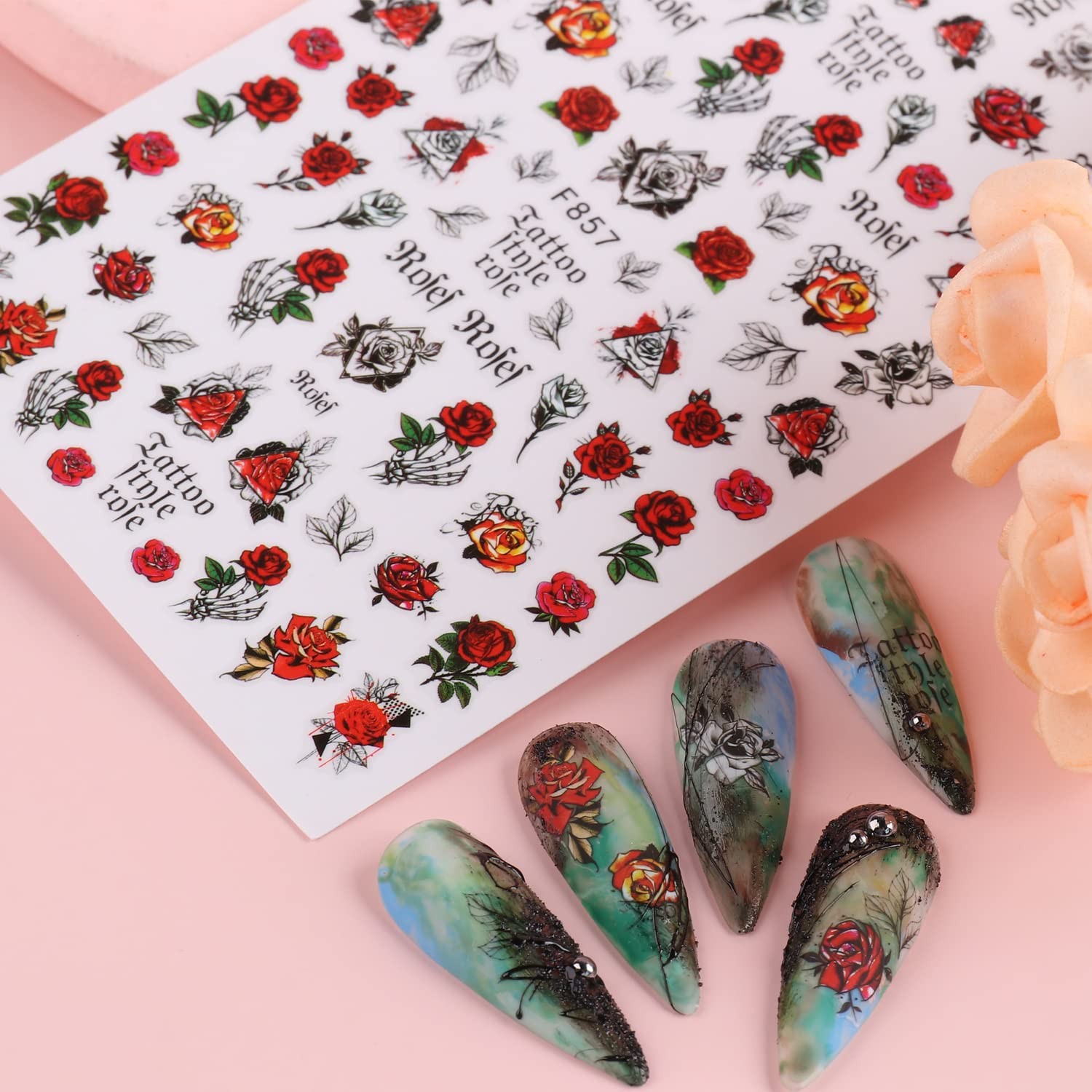 Flowers Rose Nail Art Stickers, 3D Flower Nail -Adhesive Sticker Design, Holo…