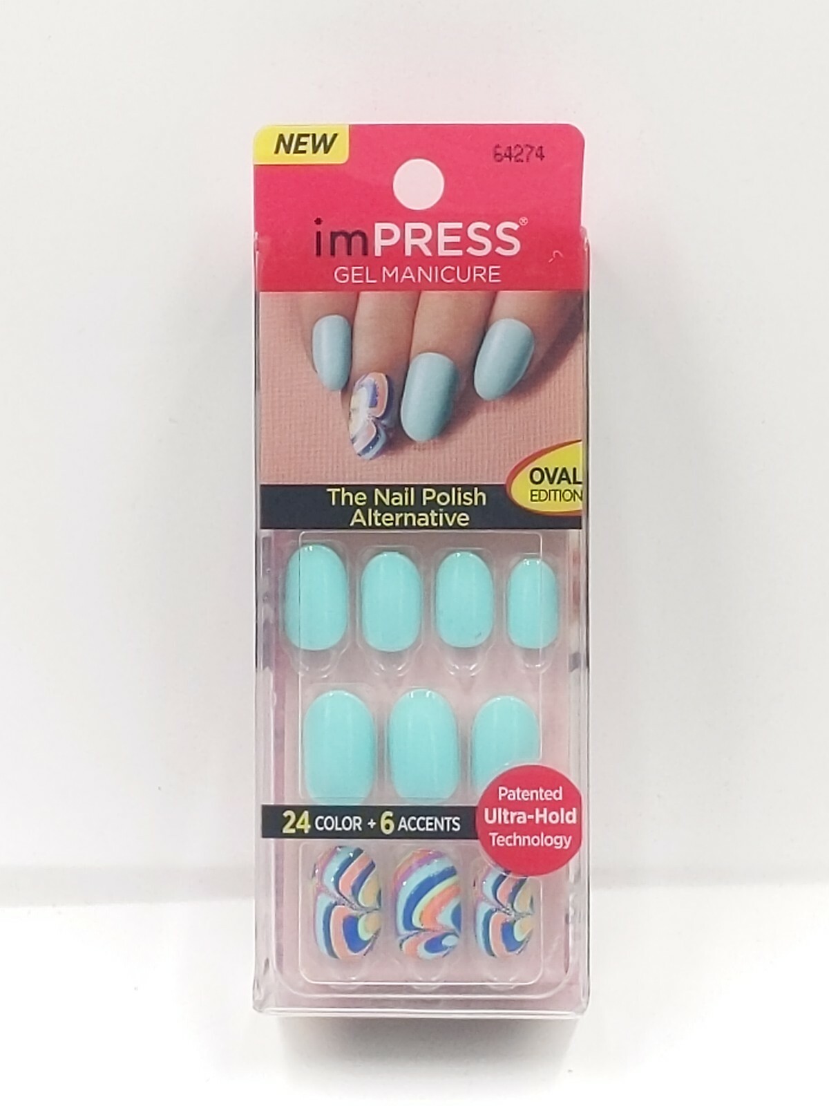 KISS imPRESS One-step Gel Manicure 24 Nails includes 6 Accents Oval Teal