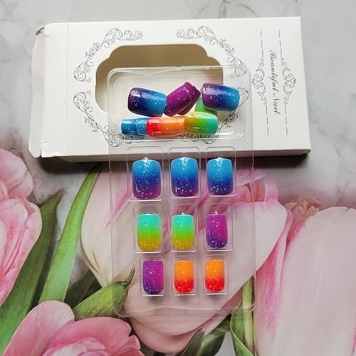 Colorful Glitter Press on Nails Extra Short Square Fake Colorful Ombre Glitter