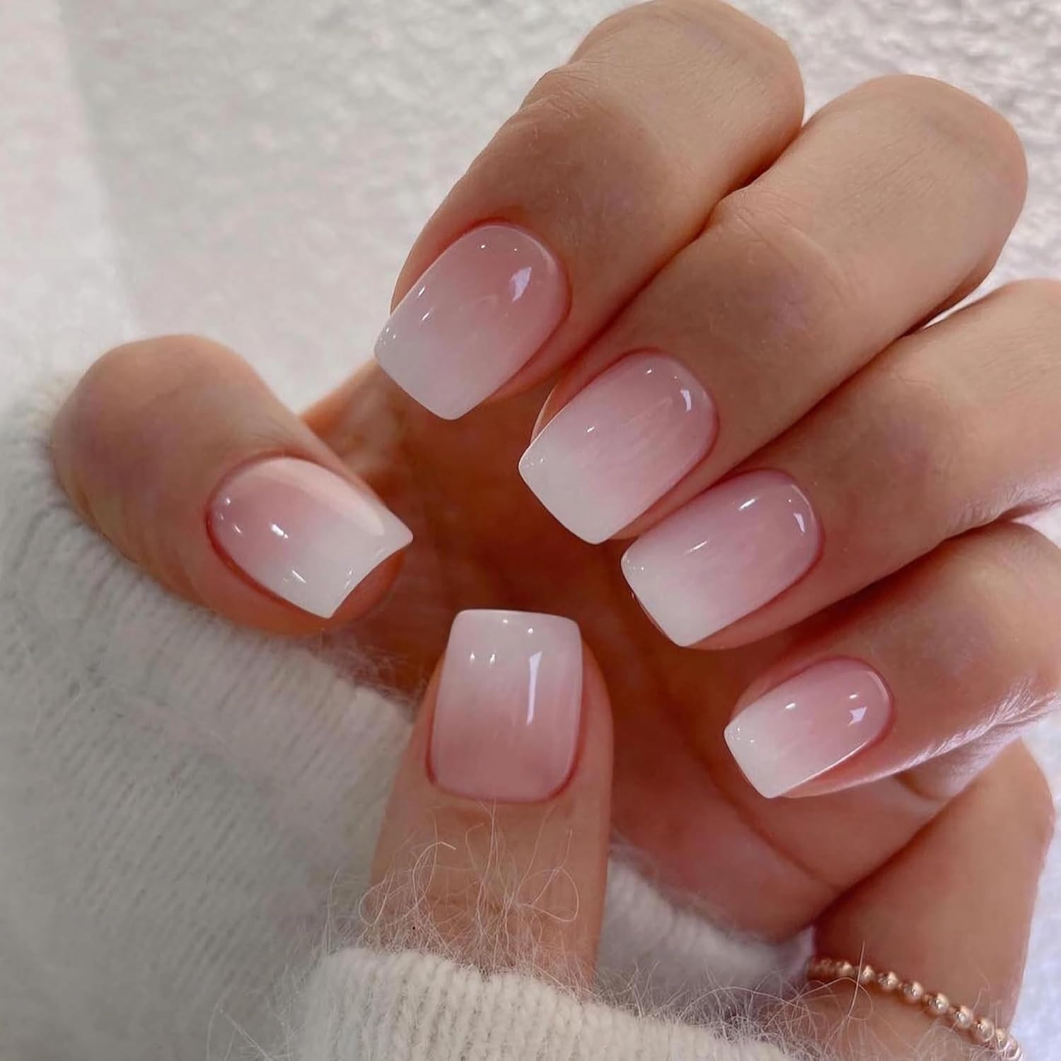 Press on Nails Square – French Ombre Pink Fake Nails Short Acrylic Full Cover Gl