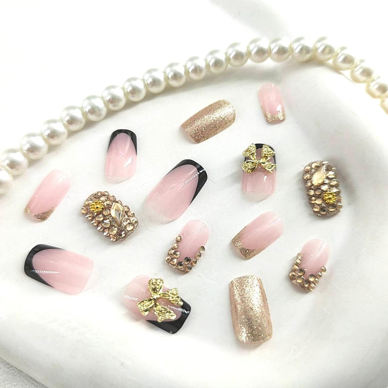 French Tip Press on Nails Mesium Suqare Fake Nails with 3D Bow Glitter Rhines…