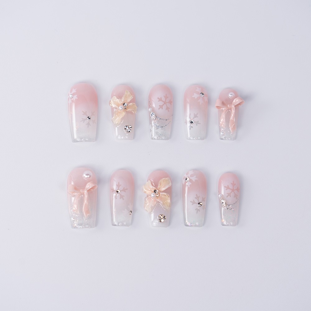 Handmade High Quality Snowflake Press On Nails Pink Bow Pearl Glitter Fake Nails