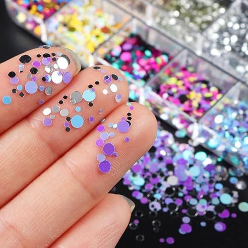 12 Grids Polka Dot Round Sequins Mixed with Colorful Nail Art Glitter Kit – Colo