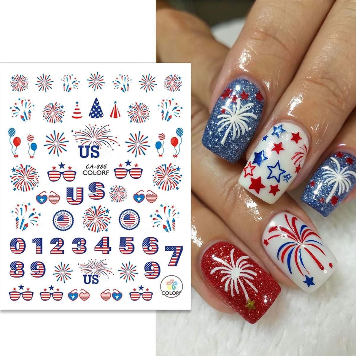 6 Sheets 4th of July Nail Stickers 3D -Adhesive Bow Star Fireworks Nail Decal…