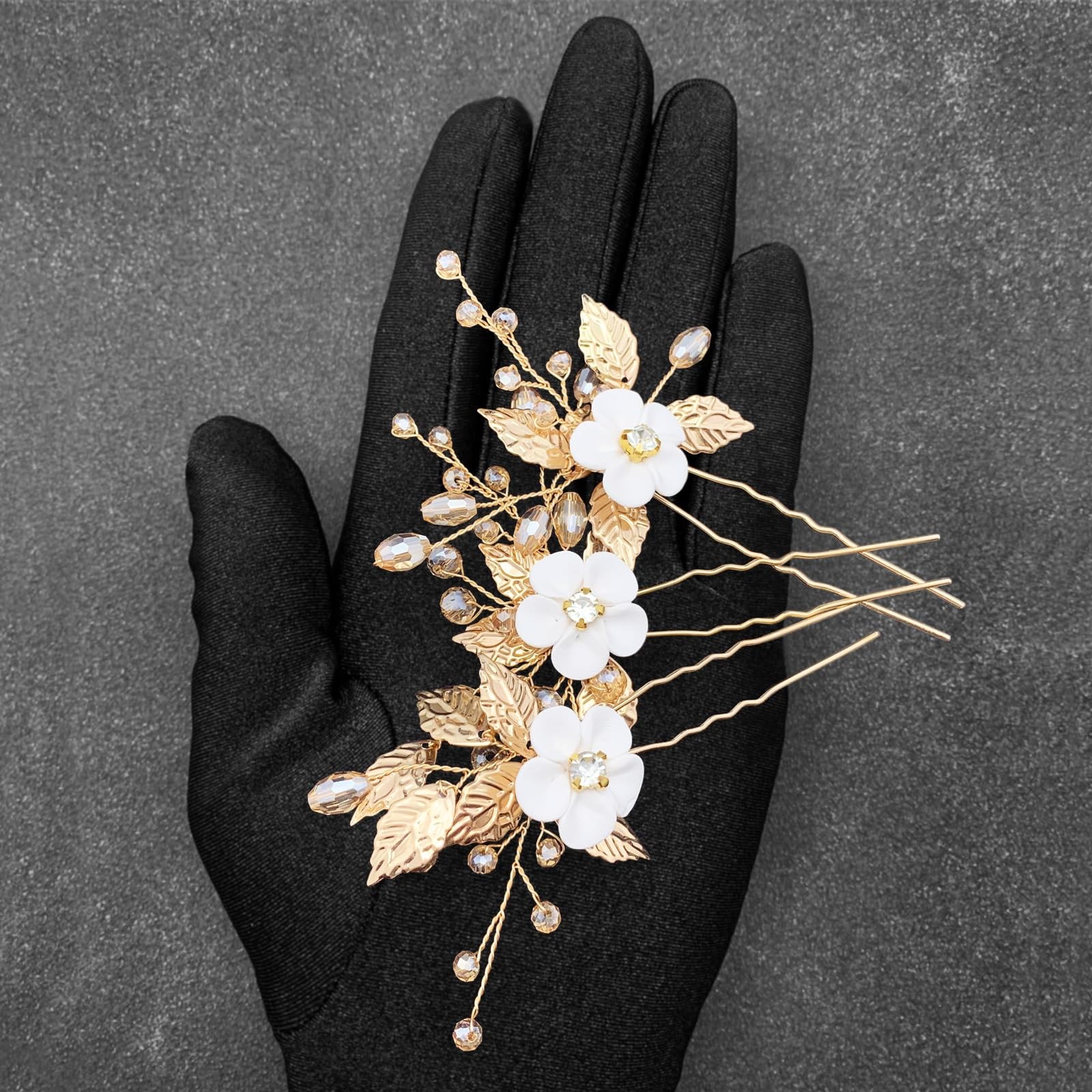 PRETTYLIFE White Flower Hair Pins Bridal Wedding 3 Count (Pack of 1), B Gold