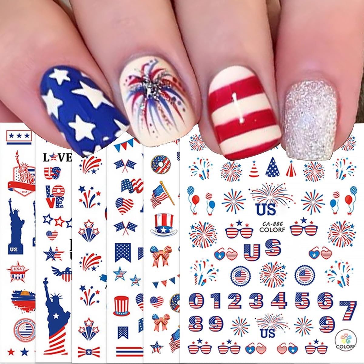 6 Sheets 4th of July Nail Stickers 3D -Adhesive Bow Star Fireworks Nail Decal…