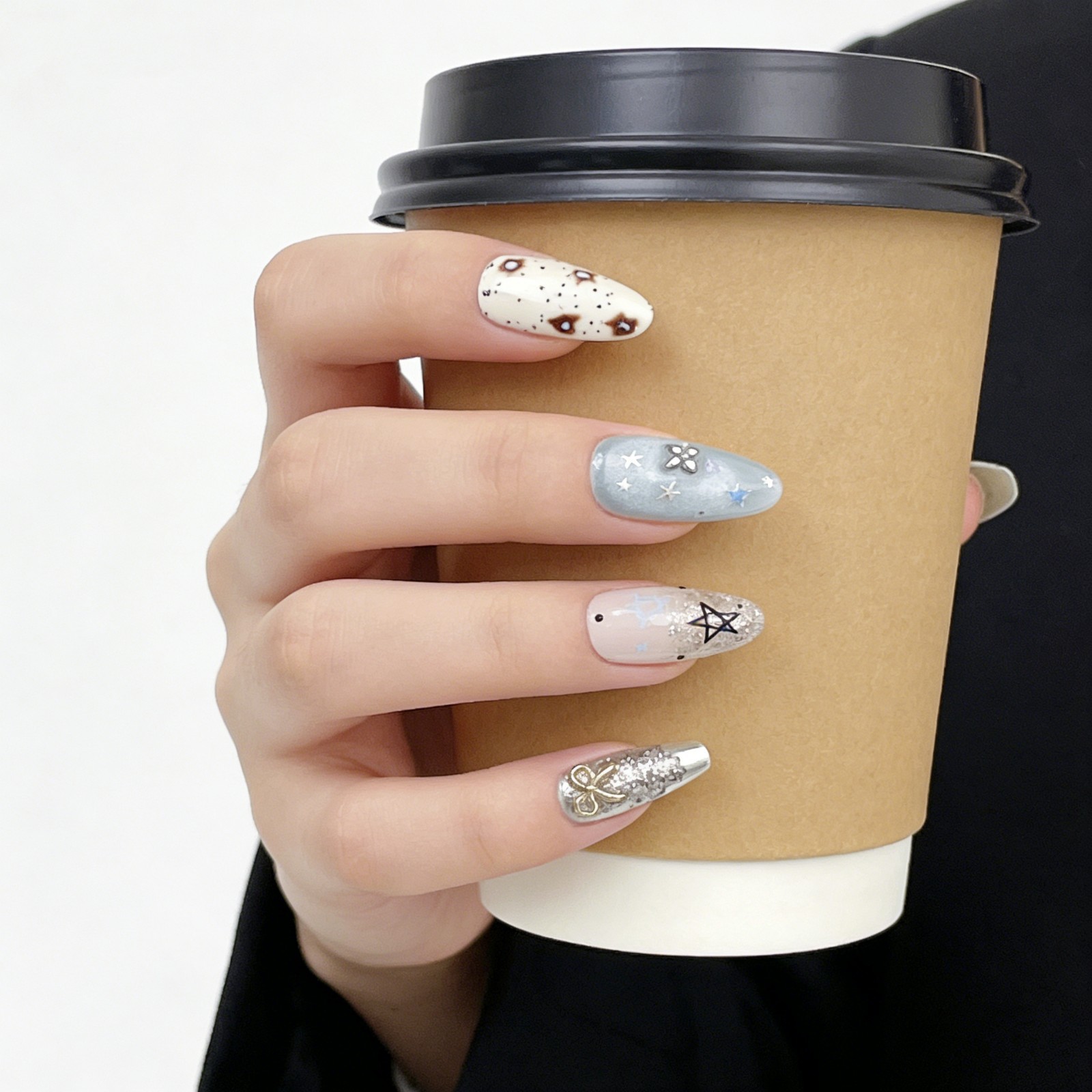 Galaxy Star Glitter Press-On Nails Mismatched Set Handmade Almond Nails Gift