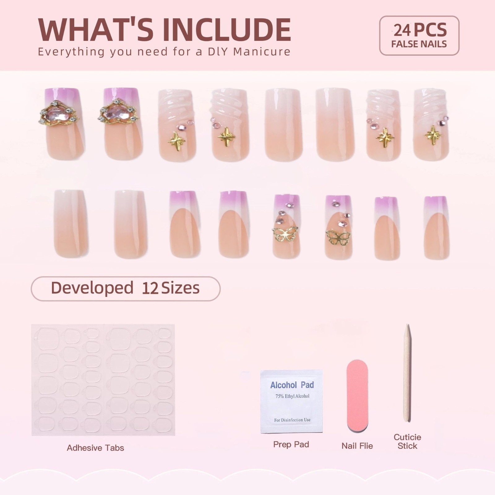 Pink Gradient Heart Butterfly Gold Star Long Duckbill Press On Nails