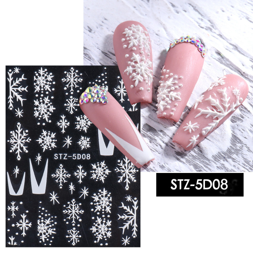 5D Embossed Christmas Snowflakes Tulip Flowers Heart Bear Nail Stickers Peel Off