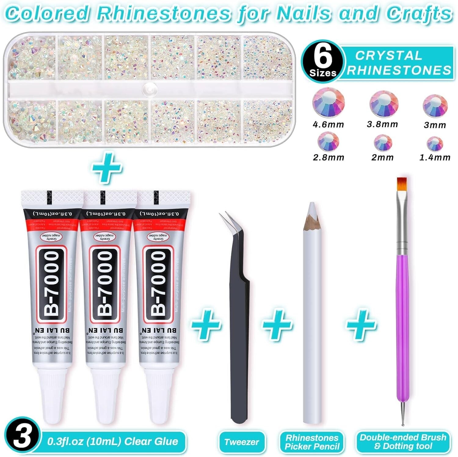 2100Pcs Clear AB Rhinestone with Tweezer Clear Glue Tool Kit For Making DIY