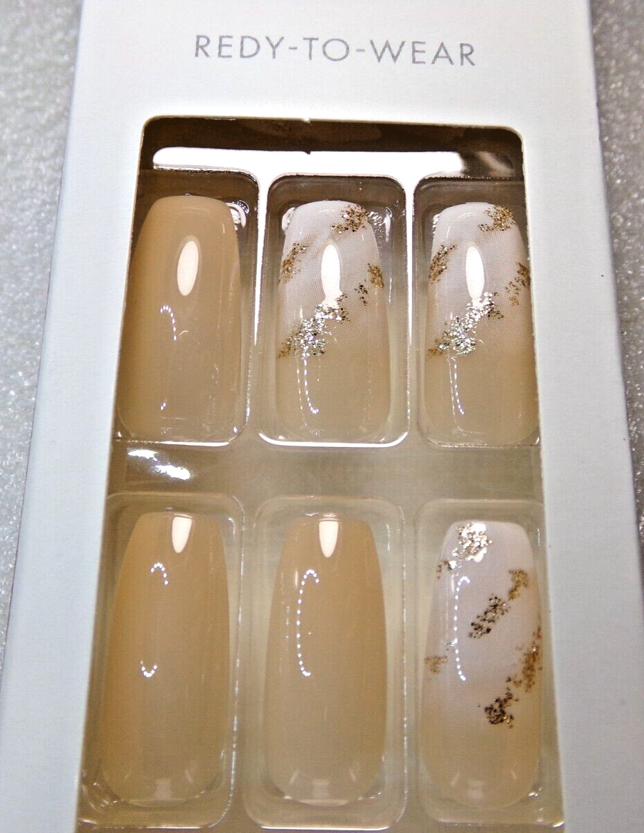 KISS NAILS GLUE ON Nude White Gold LONG LENGTH, COFFIN BALLERINA SHAPE