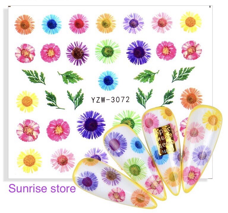 Nail Art Water Transfer Sticker Multi Color Flower Leaves Floral Daisy Manicure