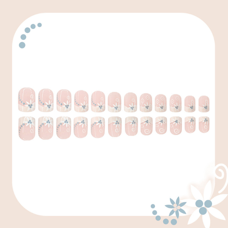 47Pcs-Short Square Nude White French White Floral Swirl Dot Fake Press on Nails