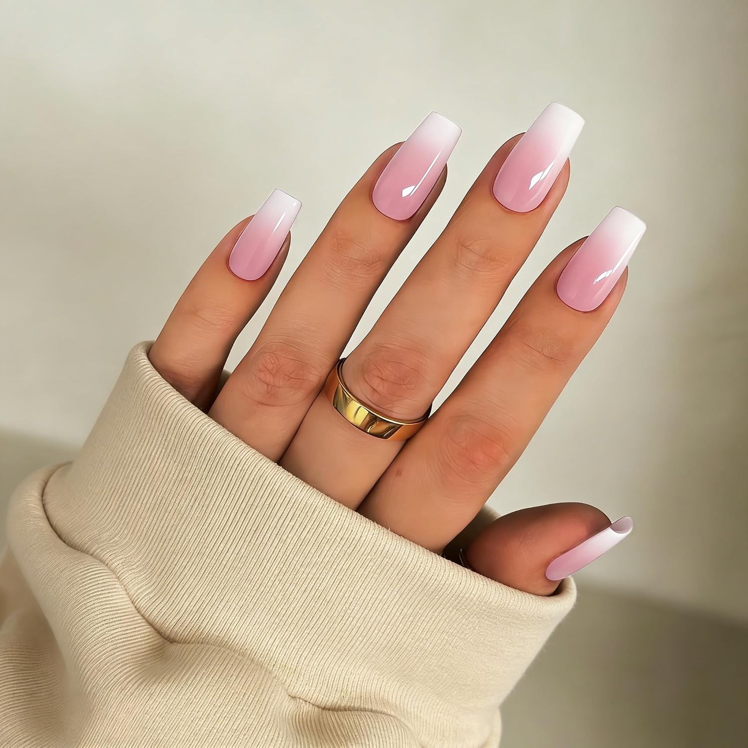 Square French Long Ombre Pink Press On Nails with Glue Set for Women