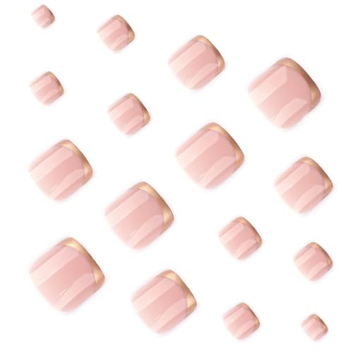 Gold French Tip Press on Toenails Square Fake Toenails Short gold french tip