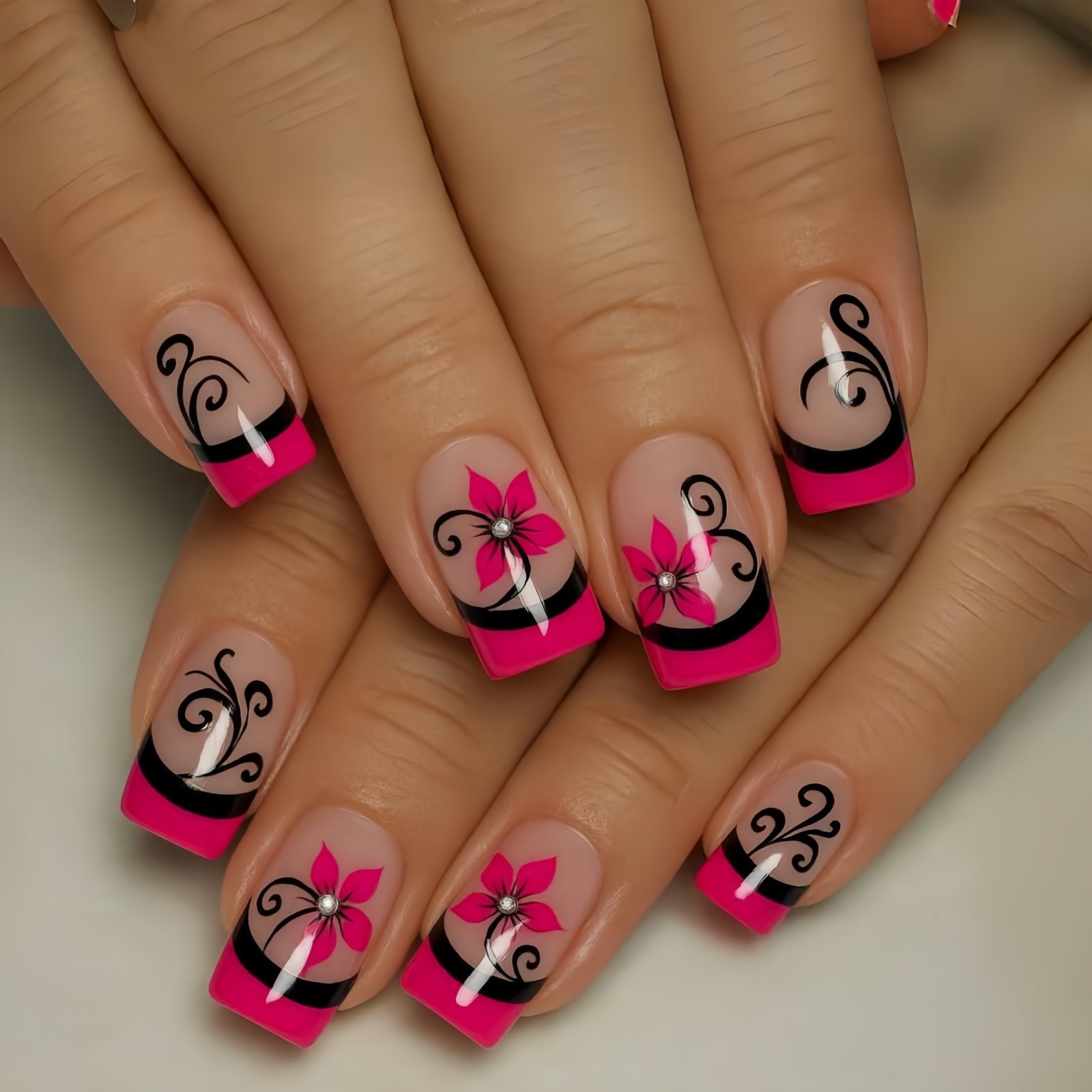 48pcs Press on Nails Pink Black Floral Swirl Square Reusable Glossy Fake Nails