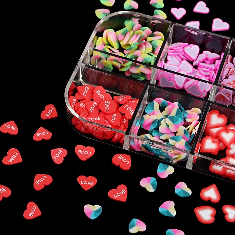 12 Grids Nail Art Mixed Heart LOVE Slices Polymer Clay Flakes DIY Nails Decora