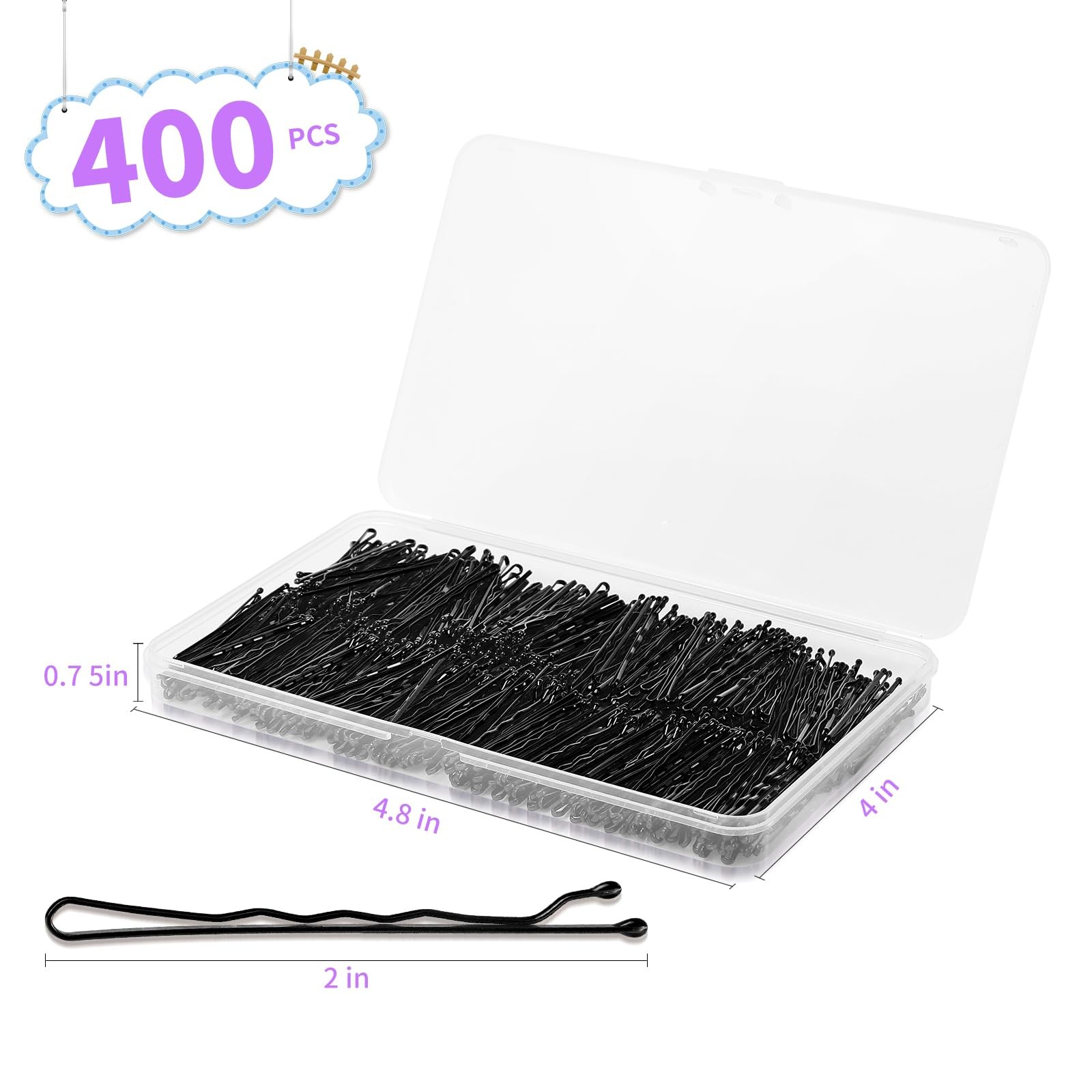 400Pcs Bobby Pins Black, Premium Curved 1 Count (Pack of 400), Black