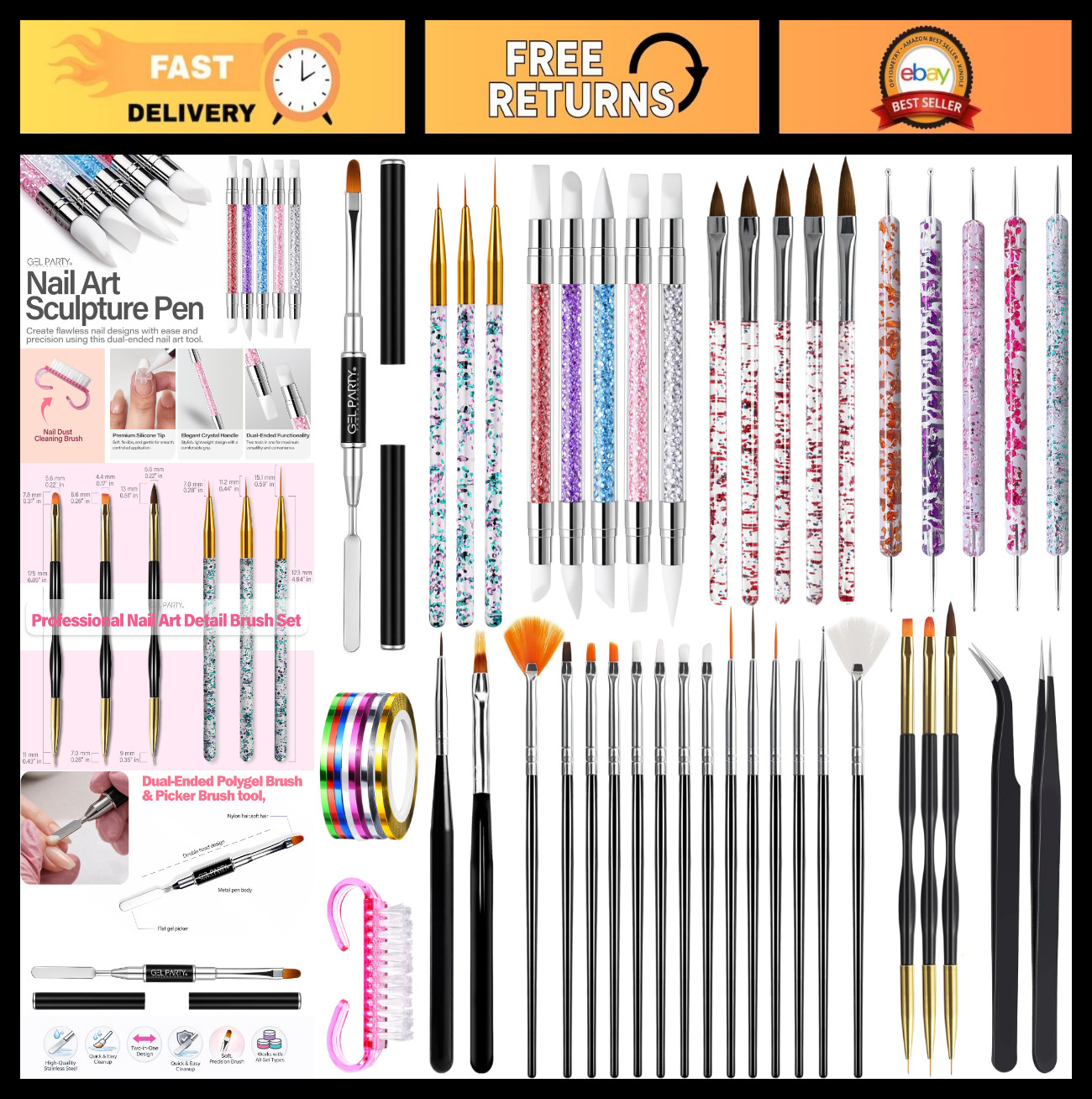 49 PCS Nail Art Brush Set – Dotting Tools, Liner Brushes, Silicone Sculpting & T