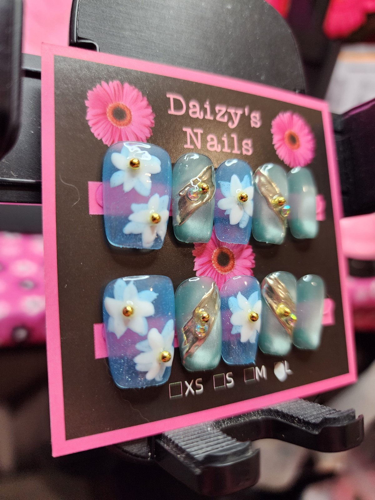 Large Size Press-on Nail 10Pc Set Handmade Squoval Blue Flowers 2.0 Cm Length