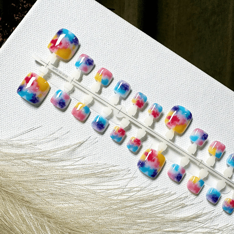 72Pcs-Short Square Rainbow Watercolor Tie Dye Toe Fake Press on Nails Set