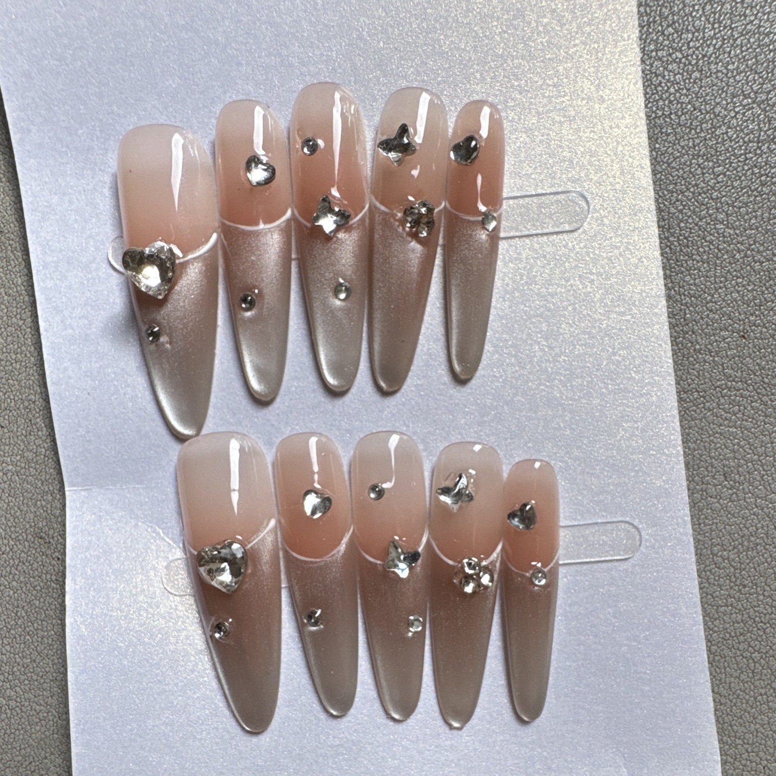 Press-On Nails Long Stiletto Beige/Silver Rhinestone Shiny Pre-Designed